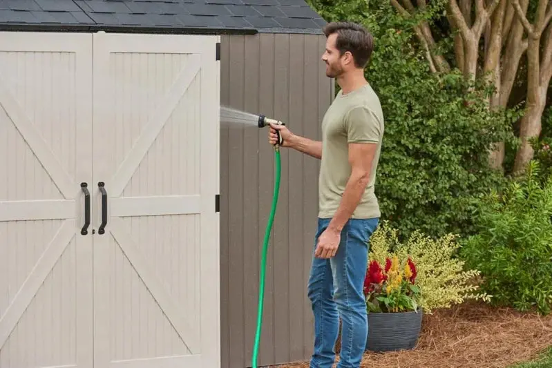 Rubbermaid 7' x 7' Resin Outdoor Storage Shed with Integrated Floor – Gray Weather-Resistant Unit for Garden Tools, Lawn Equipment & Pool Supplies