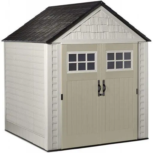Rubbermaid 7' x 7' Weather-Resistant Resin Garden Shed – Sand Finish with Windows