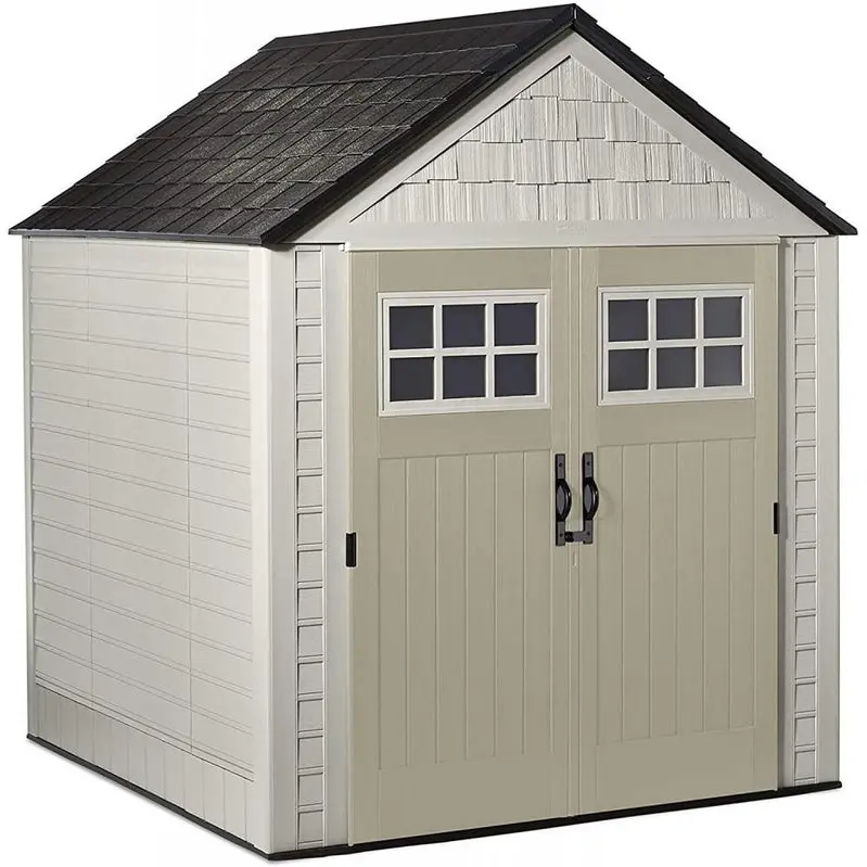 Rubbermaid 7' x 7' Weather-Resistant Resin Garden Shed – Sand Finish with Windows