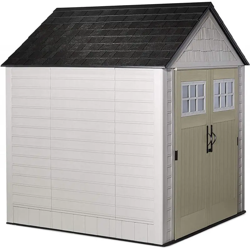 Rubbermaid 7' x 7' Weather-Resistant Resin Garden Shed – Sand Finish with Windows