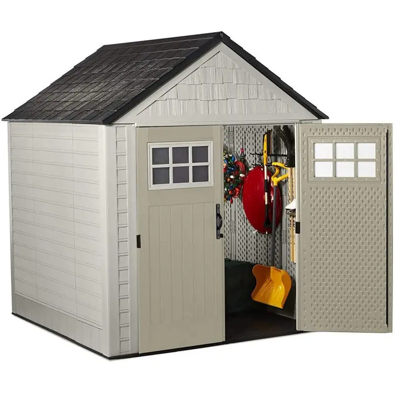 Rubbermaid 7' x 7' Weather-Resistant Resin Garden Shed – Sand Finish with Windows