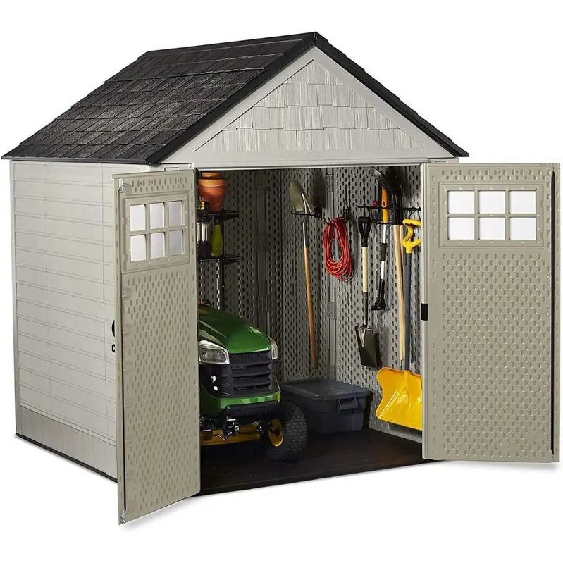 Rubbermaid 7' x 7' Weather-Resistant Resin Garden Shed – Sand Finish with Windows
