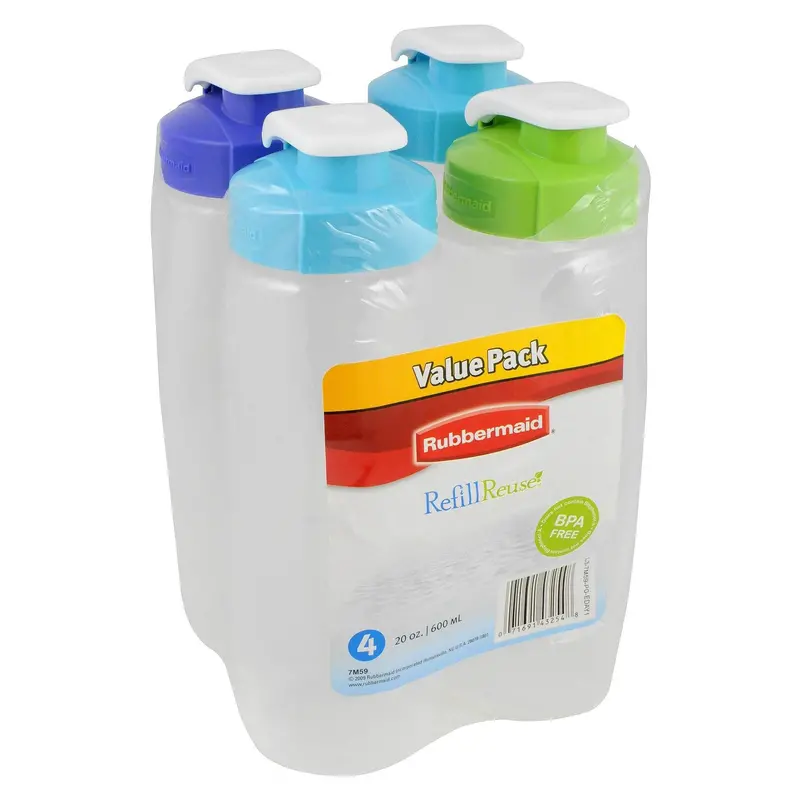 Rubbermaid Refill+ Reusable 20oz Chug Water Bottles — 4-Pack, Leak-Resistant Design, Ergonomic Grip, Assorted Blue/Green Lids