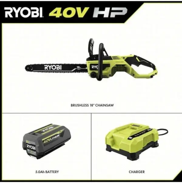 RYOBI 18-Inch 40V Cordless Chainsaw Kit – Includes Battery and Charger