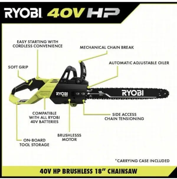 RYOBI 18-Inch 40V Cordless Chainsaw Kit – Includes Battery and Charger