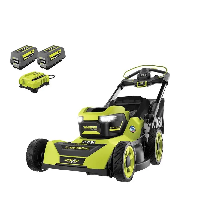RYOBI 40V HP Brushless 21-Inch All-Wheel Drive Self-Propelled Lawn Mower – Whisper Series with Dual 6.0Ah Batteries & Charger