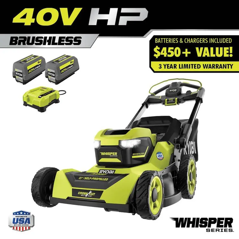 RYOBI 40V HP Brushless 21-Inch All-Wheel Drive Self-Propelled Lawn Mower – Whisper Series with Dual 6.0Ah Batteries & Charger