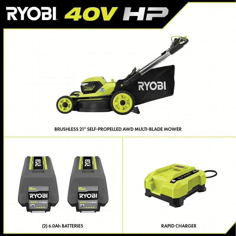 RYOBI 40V HP Brushless 21-Inch All-Wheel Drive Self-Propelled Lawn Mower – Whisper Series with Dual 6.0Ah Batteries & Charger