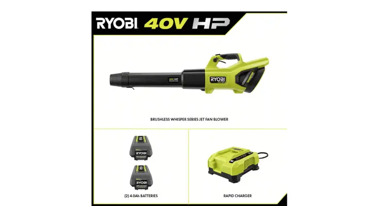 RYOBI 40V HP Brushless Cordless Leaf Blower – 730 CFM, 190 MPH, Dual 4.0Ah Batteries, 57 dB Noise Level