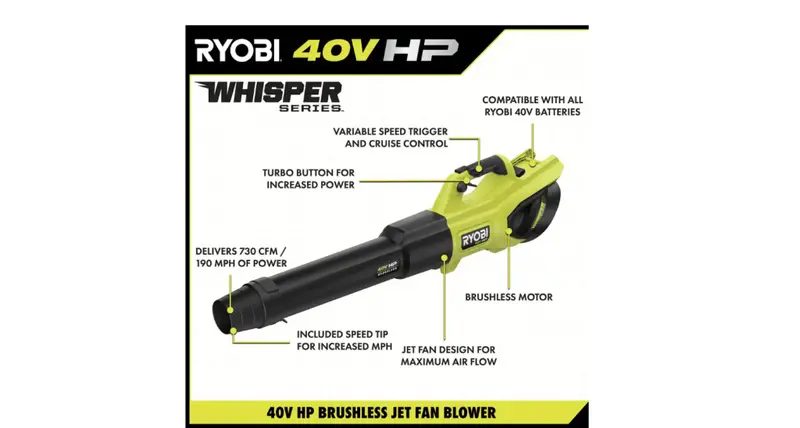 RYOBI 40V HP Brushless Cordless Leaf Blower – 730 CFM, 190 MPH, Dual 4.0Ah Batteries, 57 dB Noise Level
