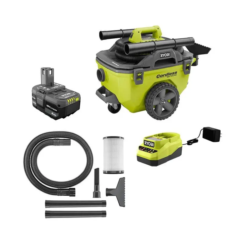 RYOBI ONE+ 18V Cordless 6-Gallon Wet/Dry Vacuum Kit – Includes 4.0 Ah Battery, Charger & Accessories (P770KN)