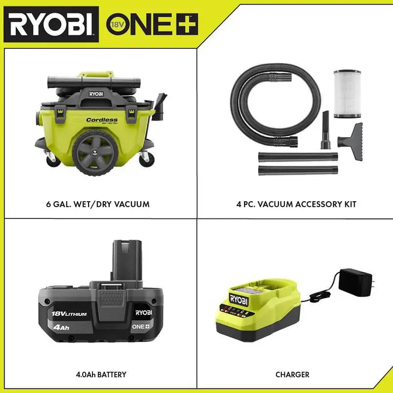 RYOBI ONE+ 18V Cordless 6-Gallon Wet/Dry Vacuum Kit – Includes 4.0 Ah Battery, Charger & Accessories (P770KN)