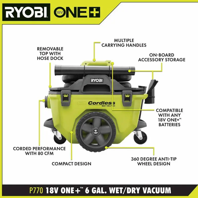 RYOBI ONE+ 18V Cordless 6-Gallon Wet/Dry Vacuum Kit – Includes 4.0 Ah Battery, Charger & Accessories (P770KN)