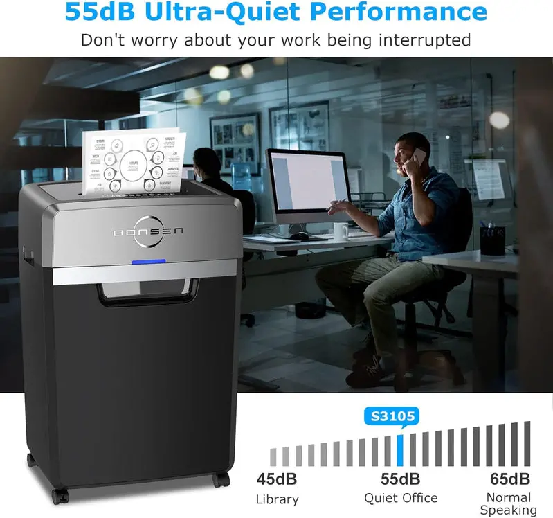 S3105 Commercial Paper Shredder – 24-Sheet Cross-Cut, 40-Min Continuous Run, 9-Gallon Bin, P-4 Security, Ultra-Quiet 55dB
