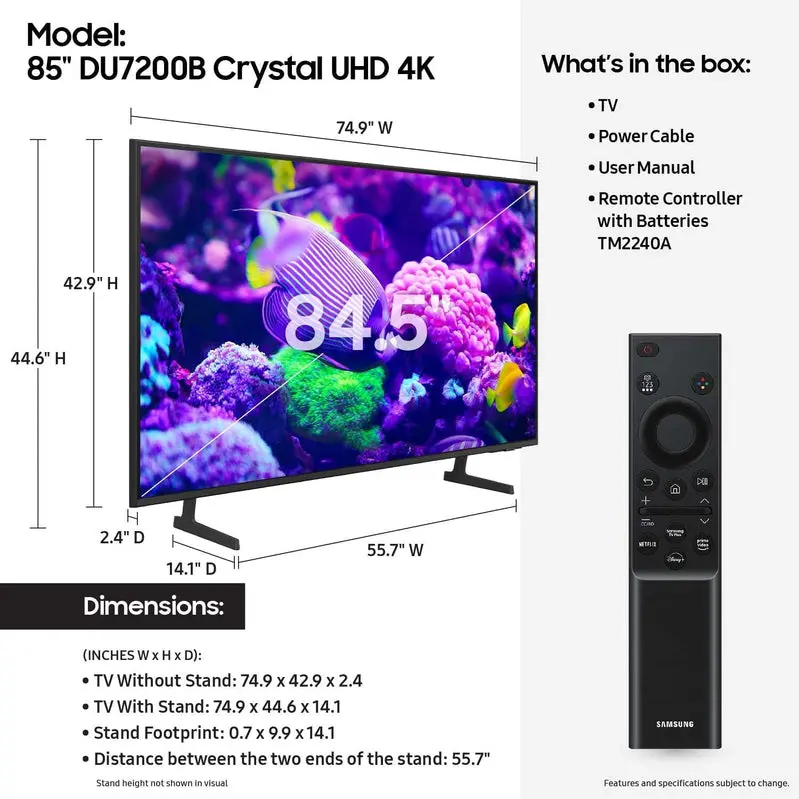 Samsung 85" DU7200B Crystal UHD 4K Smart TV – HDR Support, PurColor Technology, 2024 Tizen Platform