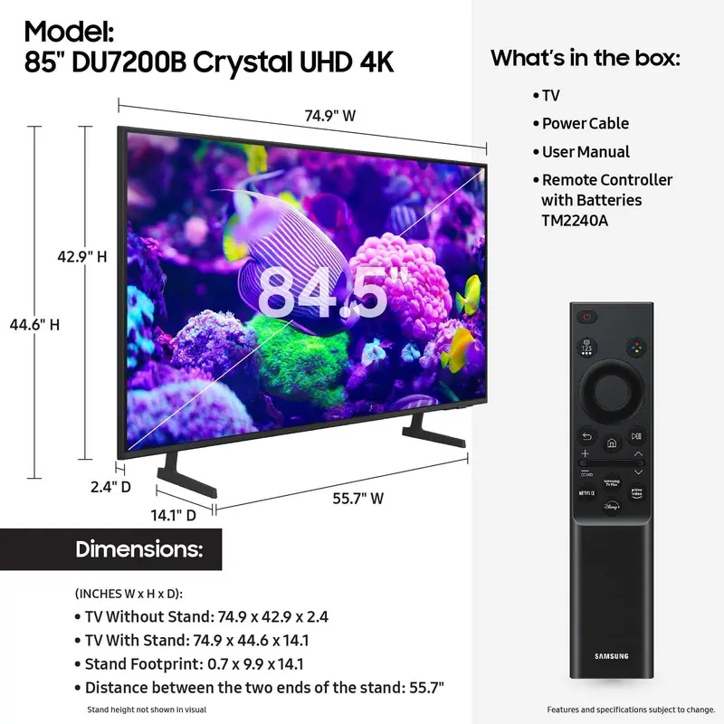 Samsung 85-Inch DU7200 Crystal UHD 4K Smart TV – HDR, Motion Xcelerator & Object Tracking Sound Lite