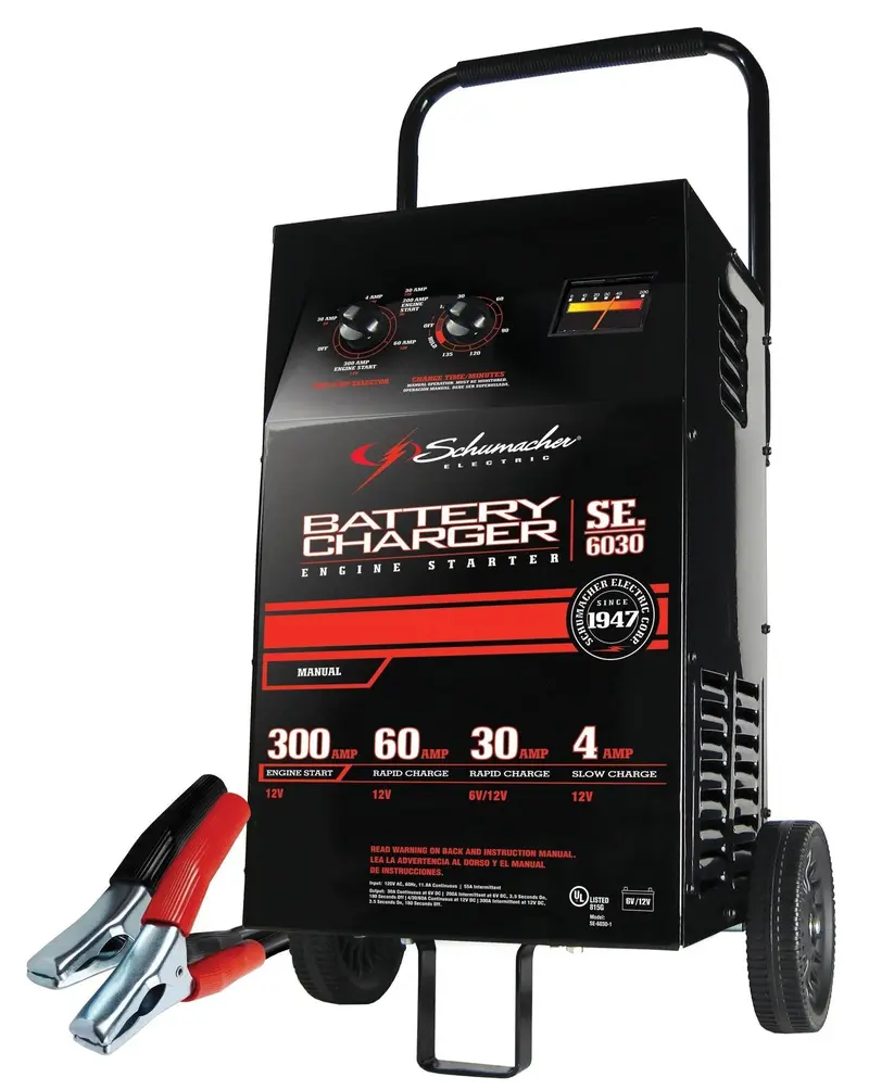 Schumacher SC1446 2-in-1 Battery Charger & Engine Starter – Manual Timer, 300 Cranking Amps, 6/12V Compatible