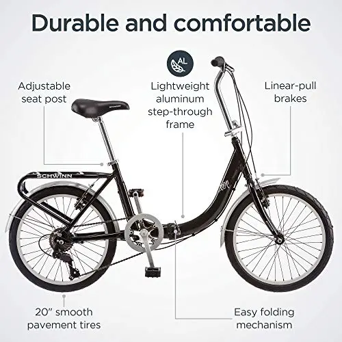 Schwinn Loop Folding Adult Bike – 20-Inch Wheels, 7-Speed Shimano Drivetrain, Lightweight Aluminum Frame