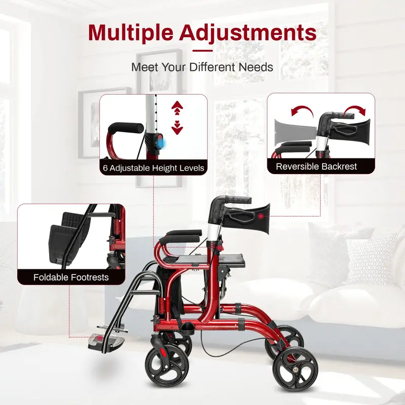 Senior-Friendly 2-in-1 Rollator Walker with Built-in Seat and Medical-Grade Support