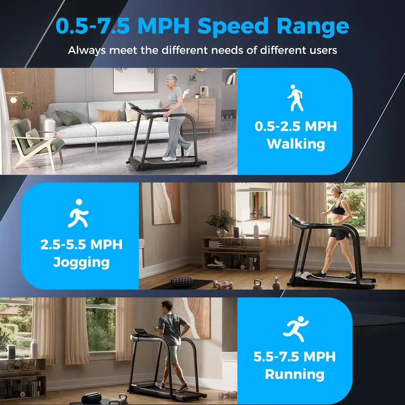 Senior-Friendly Walking Treadmill — Low-Impact Home Fitness Machine with Long Handrails, 300-Lb Capacity, and Pulse Sensors