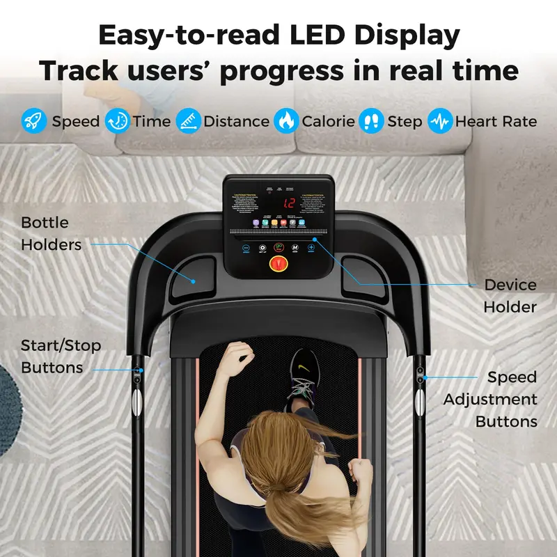 Senior-Friendly Walking Treadmill — Low-Impact Home Fitness Machine with Long Handrails, 300-Lb Capacity, and Pulse Sensors