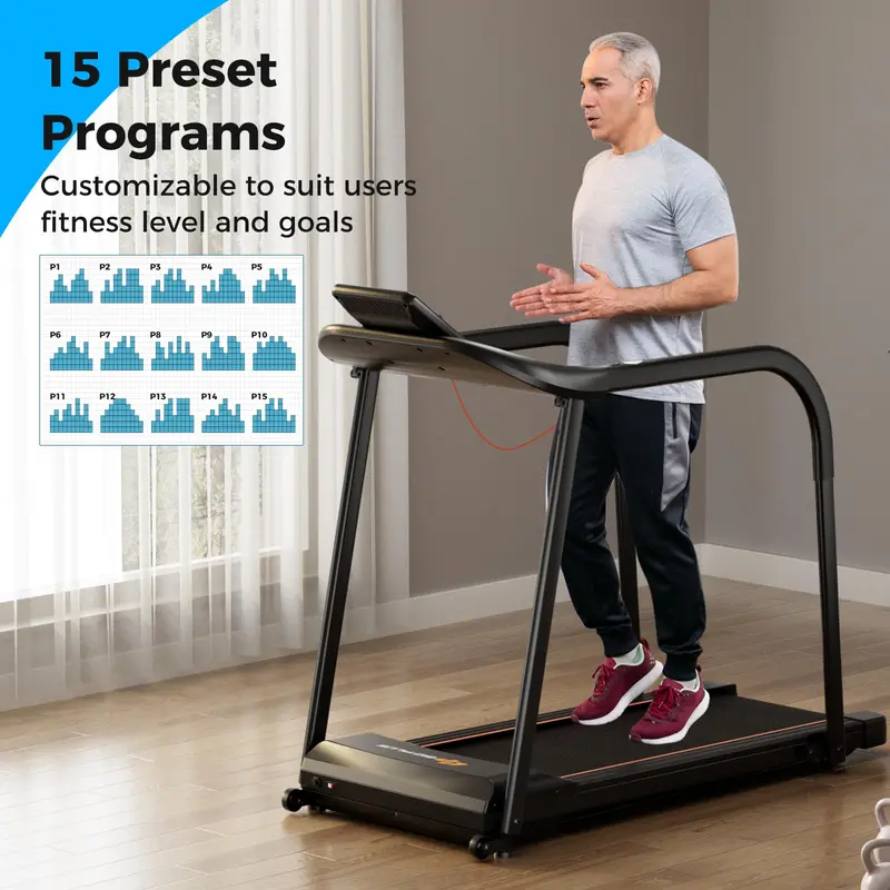 Senior-Friendly Walking Treadmill — Low-Impact Home Fitness Machine with Long Handrails, 300-Lb Capacity, and Pulse Sensors