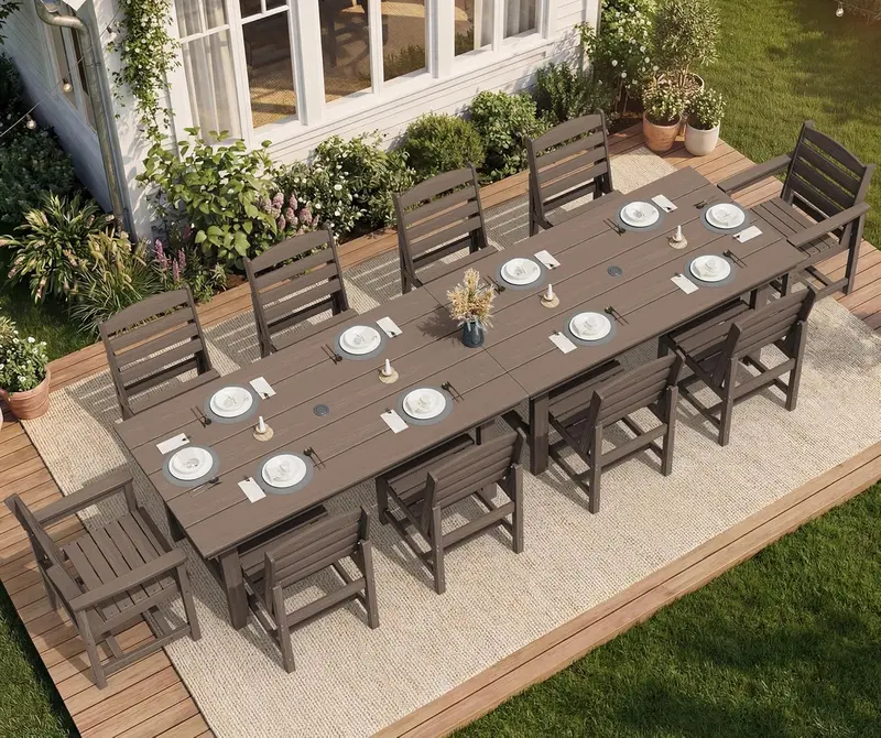 SERWALL 7-Piece HDPE Outdoor Dining Set – Weather-Resistant Patio Table with Umbrella Hole + 6 Stackable Chairs (Blue)