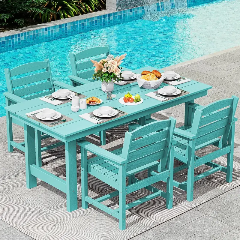 SERWALL 7-Piece HDPE Outdoor Dining Set – Weather-Resistant Patio Table with Umbrella Hole + 6 Stackable Chairs (Blue)