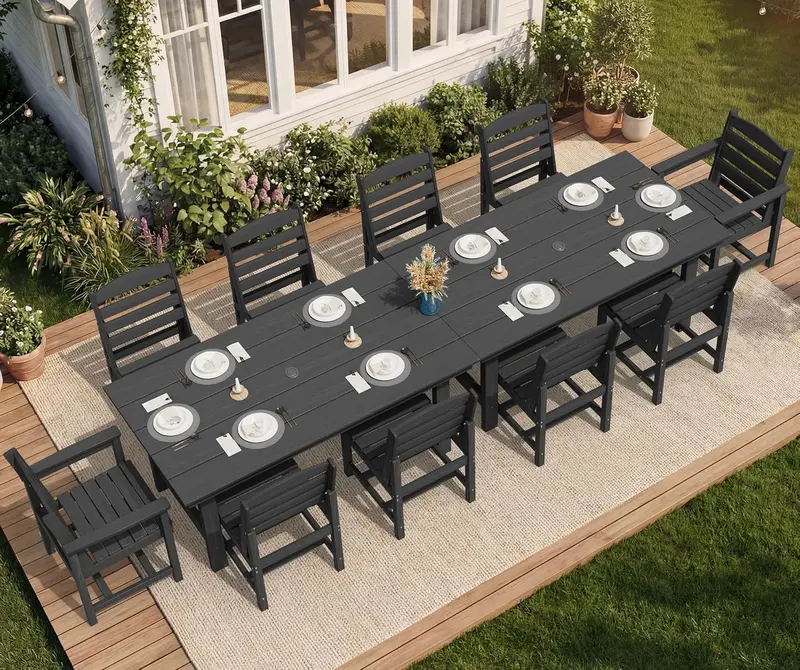 SERWALL 7-Piece HDPE Outdoor Dining Set – Weather-Resistant Patio Table with Umbrella Hole + 6 Stackable Chairs (Blue)