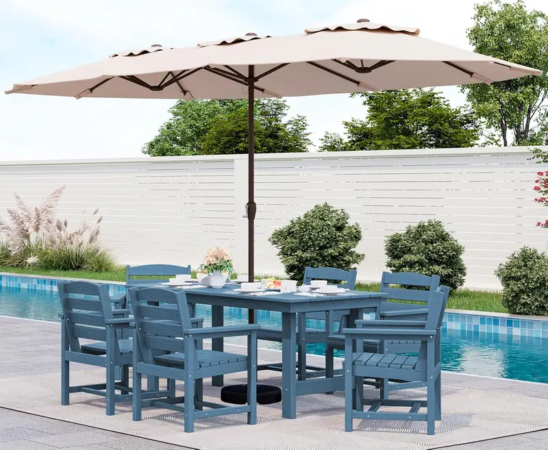 SERWALL 7-Piece HDPE Outdoor Dining Set – Weather-Resistant Patio Table with Umbrella Hole + 6 Stackable Chairs (Blue)