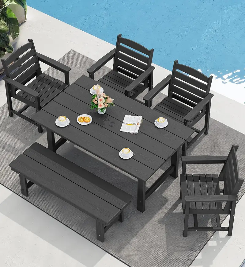 SERWALL 7-Piece HDPE Outdoor Dining Set – Weather-Resistant Patio Table with Umbrella Hole + 6 Stackable Chairs (Blue)