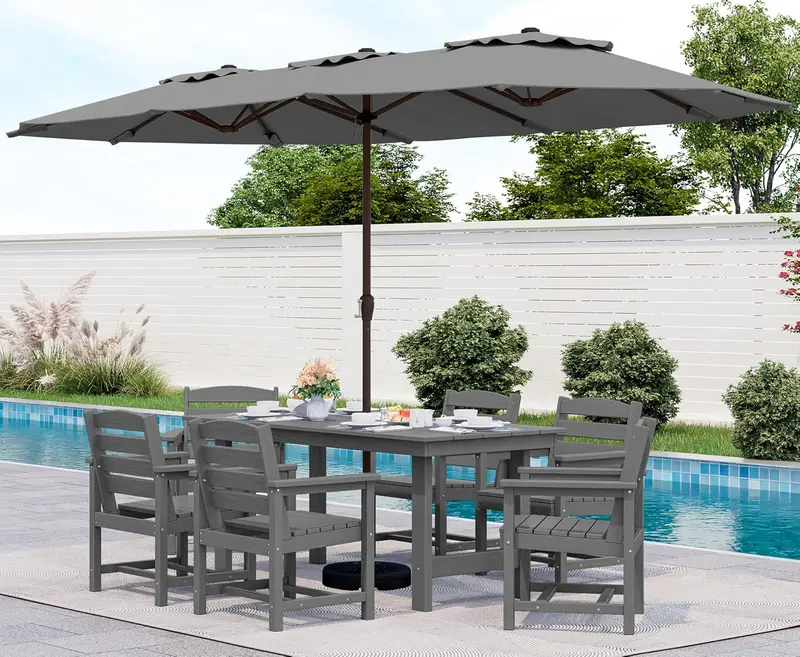 SERWALL 7-Piece HDPE Outdoor Dining Set – Weather-Resistant Patio Table with Umbrella Hole + 6 Stackable Chairs (Blue)