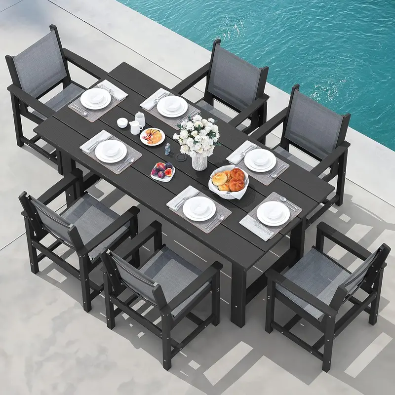 SERWALL 7-Piece HDPE Outdoor Dining Set – Weather-Resistant Patio Table with Umbrella Hole + 6 Stackable Chairs (Blue)