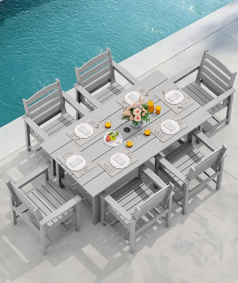SERWALL 7-Piece HDPE Outdoor Dining Set – Weather-Resistant Patio Table with Umbrella Hole + 6 Stackable Chairs (Blue)