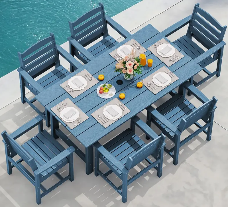 SERWALL 7-Piece HDPE Outdoor Dining Set – Weather-Resistant Patio Table with Umbrella Hole + 6 Stackable Chairs (Blue)