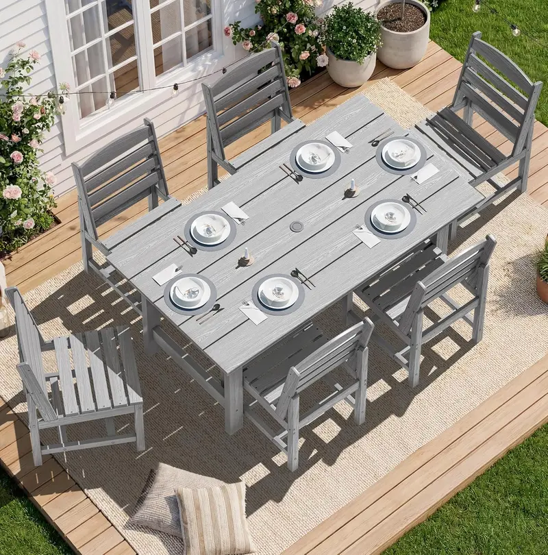SERWALL 7-Piece HDPE Outdoor Dining Set – Weather-Resistant Patio Table with Umbrella Hole + 6 Stackable Chairs (Blue)