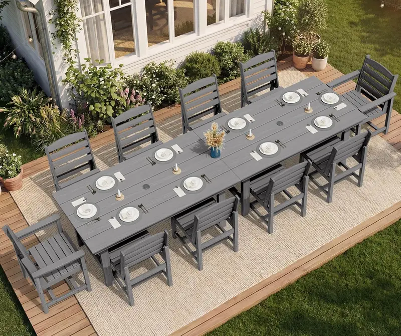 SERWALL 7-Piece HDPE Outdoor Dining Set – Weather-Resistant Patio Table with Umbrella Hole + 6 Stackable Chairs (Blue)