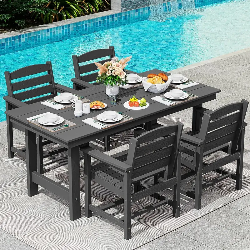 SERWALL 7-Piece HDPE Outdoor Dining Set – Weather-Resistant Patio Table with Umbrella Hole + 6 Stackable Chairs (Blue)
