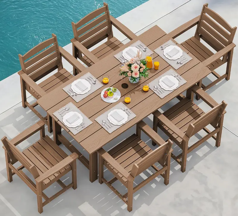 SERWALL 7-Piece HDPE Outdoor Dining Set – Weather-Resistant Patio Table with Umbrella Hole + 6 Stackable Chairs (Blue) 32