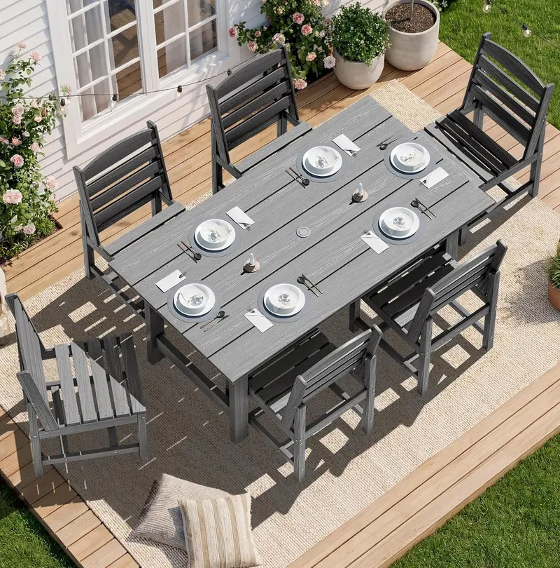 SERWALL 7-Piece HDPE Outdoor Dining Set – Weather-Resistant Patio Table with Umbrella Hole + 6 Stackable Chairs (Blue)