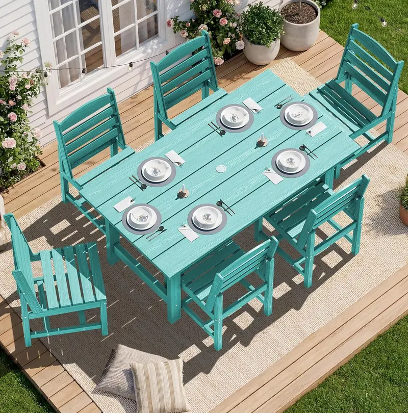 SERWALL 7-Piece HDPE Outdoor Dining Set – Weather-Resistant Patio Table with Umbrella Hole + 6 Stackable Chairs (Blue)