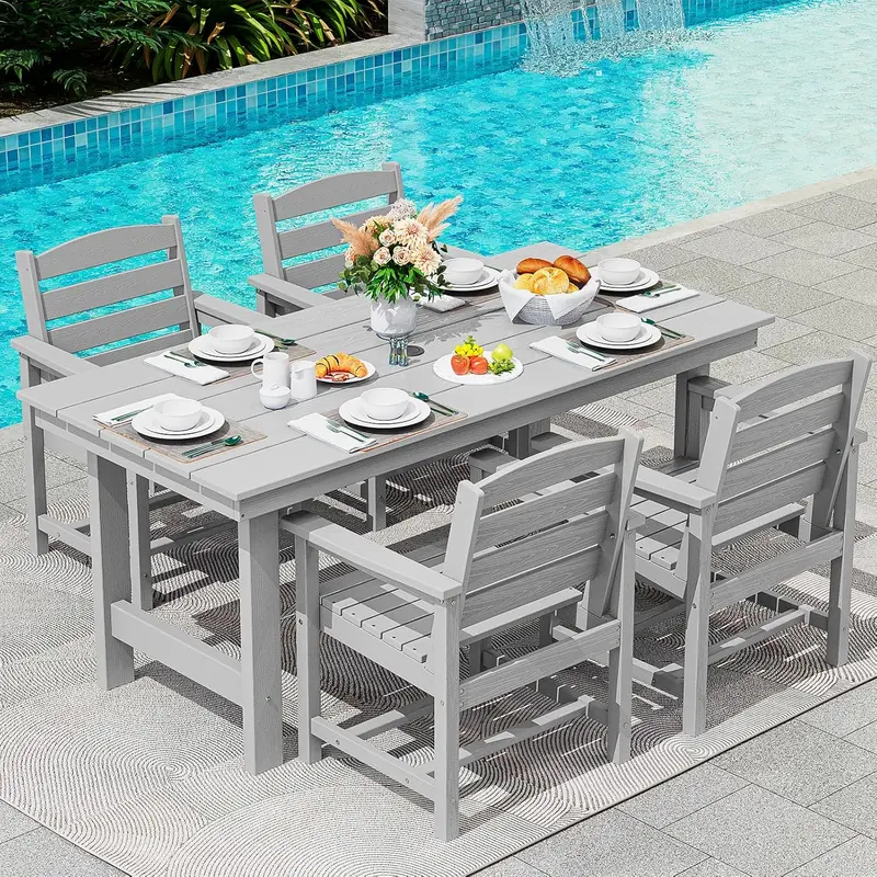 SERWALL 7-Piece HDPE Outdoor Dining Set – Weather-Resistant Patio Table with Umbrella Hole + 6 Stackable Chairs (Blue)