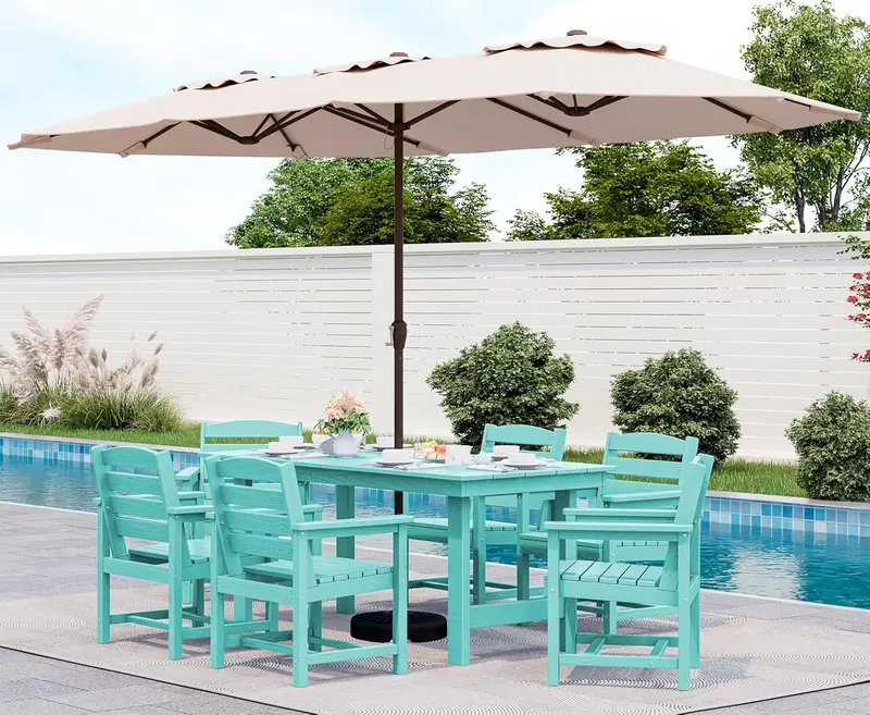 SERWALL 7-Piece HDPE Outdoor Dining Set – Weather-Resistant Patio Table with Umbrella Hole + 6 Stackable Chairs (Blue)