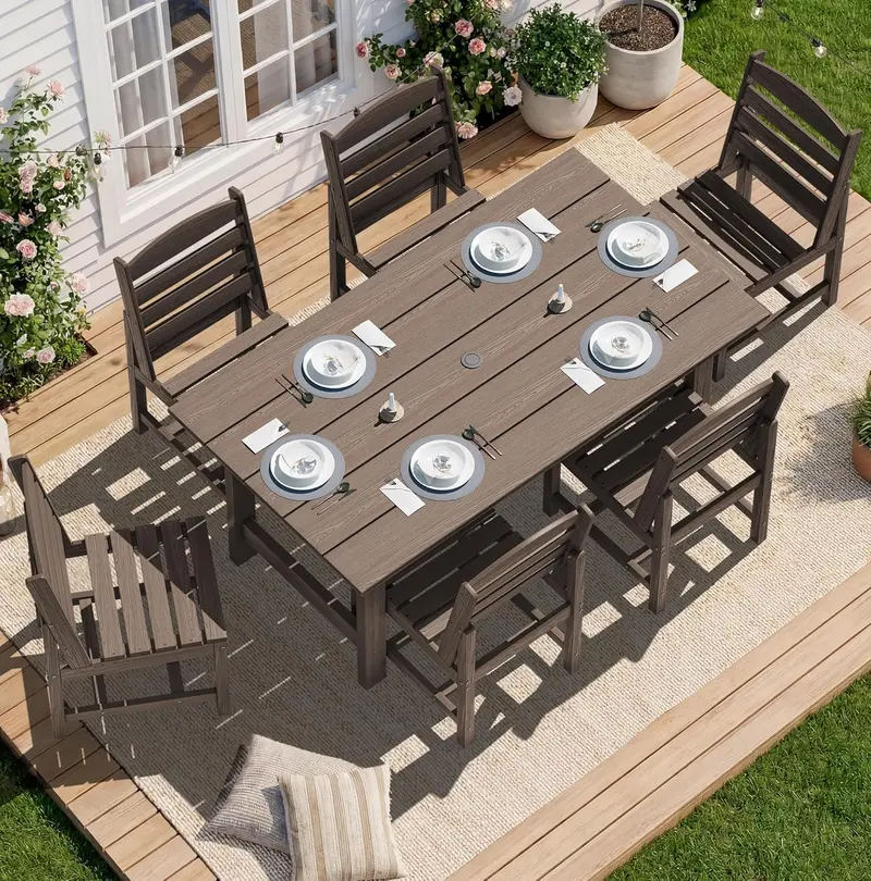 SERWALL 7-Piece HDPE Outdoor Dining Set – Weather-Resistant Patio Table with Umbrella Hole + 6 Stackable Chairs (Blue)