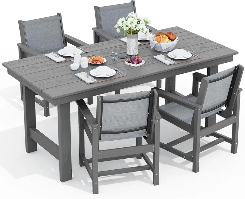 SERWALL 7-Piece HDPE Outdoor Dining Set – Weather-Resistant Patio Table with Umbrella Hole + 6 Stackable Chairs (Blue)
