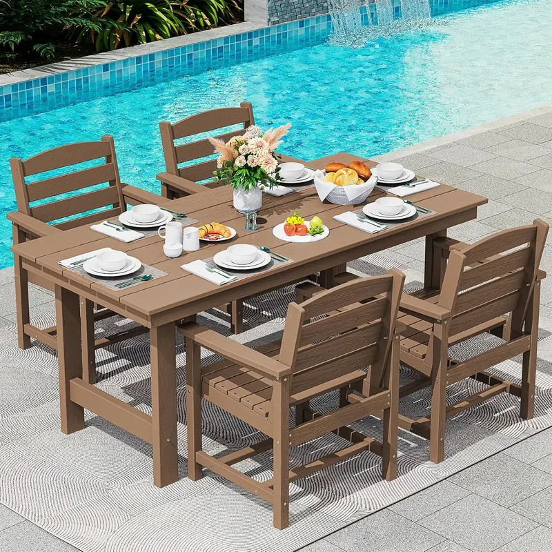 SERWALL 7-Piece HDPE Outdoor Dining Set – Weather-Resistant Patio Table with Umbrella Hole + 6 Stackable Chairs (Blue)