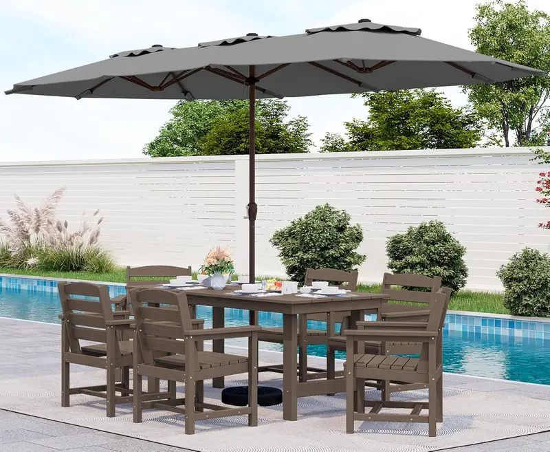SERWALL 7-Piece HDPE Outdoor Dining Set – Weather-Resistant Patio Table with Umbrella Hole + 6 Stackable Chairs (Blue)