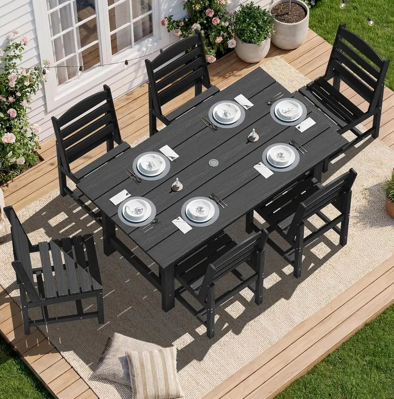 SERWALL 7-Piece HDPE Outdoor Dining Set – Weather-Resistant Patio Table with Umbrella Hole + 6 Stackable Chairs (Blue)