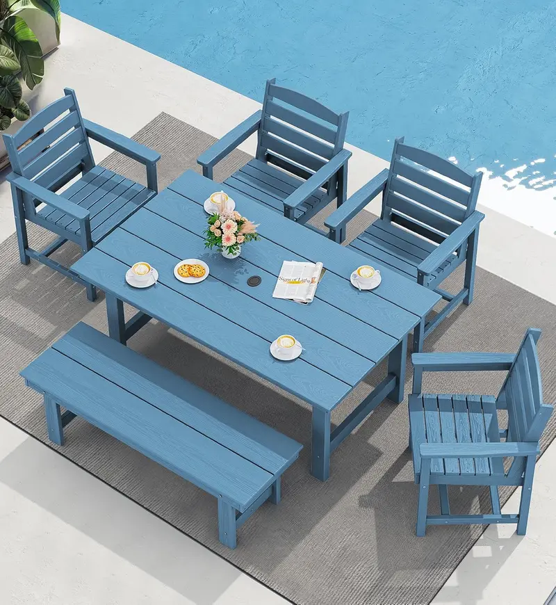 SERWALL 7-Piece HDPE Outdoor Dining Set – Weather-Resistant Patio Table with Umbrella Hole + 6 Stackable Chairs (Blue)