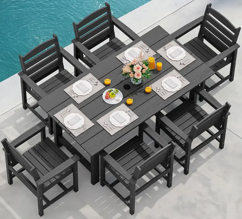 SERWALL 7-Piece HDPE Outdoor Dining Set – Weather-Resistant Patio Table with Umbrella Hole + 6 Stackable Chairs (Blue)